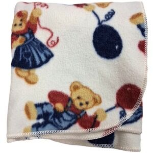Springs Industries Blue Jean‎ Teddy Bear Baby Blanket Balloons Beige Fleece Thin